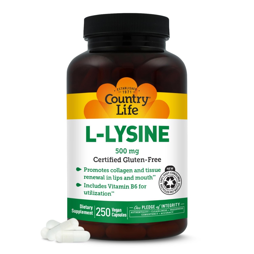 Country Life L- Lysin 500mg med B- 6, understøtter immunsundhed, fremmer collagen fornyelse i læber og mund, 250 Vegan kapsler, Certificeret Gluten fri, Certificeret Vegan