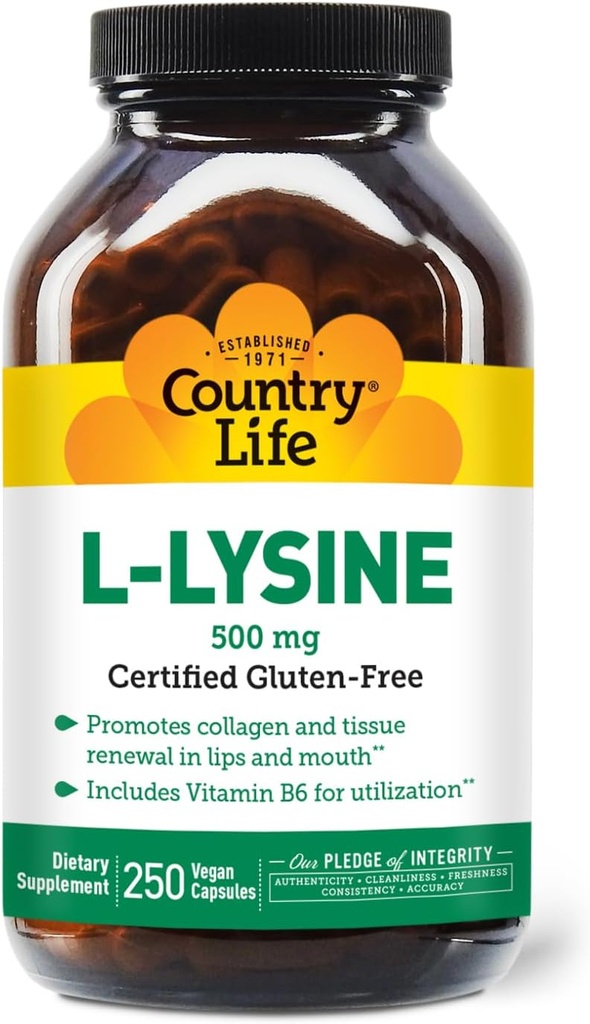 Country Life L-Lysine 500mg with B-6, Supports Immune Health, Promotes Collagen Renewal in Lips and Mouth, 250 Vegan Capsules, Certified Gluten Free, Certified Vegan