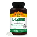Country Life L- Lysin 500mg med B- 6, understøtter immunsundhed, fremmer collagen fornyelse i læber og mund, 250 Vegan kapsler, Certificeret Gluten fri, Certificeret Vegan