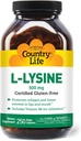 Country Life L- Lysin 500mg med B- 6, understøtter immunsundhed, fremmer collagen fornyelse i læber og mund, 250 Vegan kapsler, Certificeret Gluten fri, Certificeret Vegan