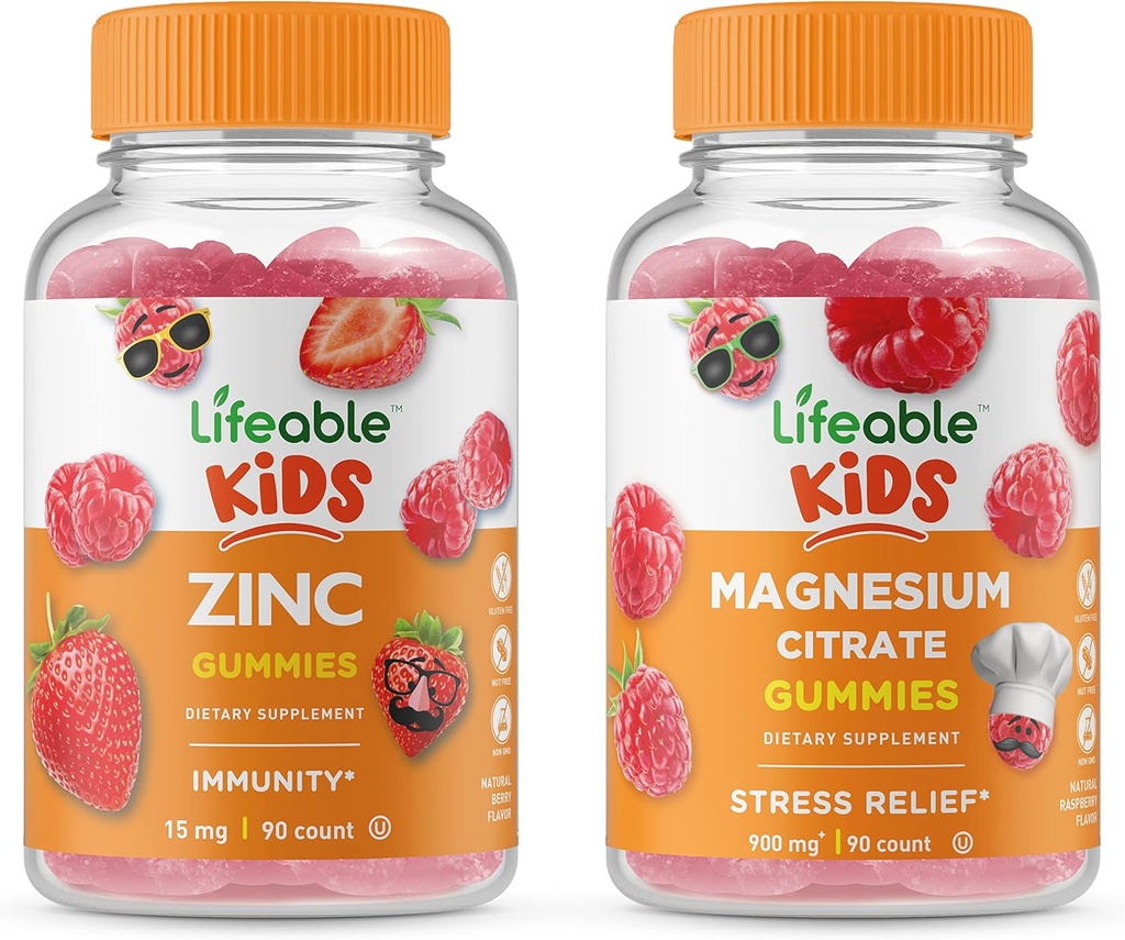 Lifeable Magnesium Kids + Zink Kids, Gummies Bundle - Great Tasting, Vitamin Supplement, Gluten Free, GMO Free, Chewable Gummy