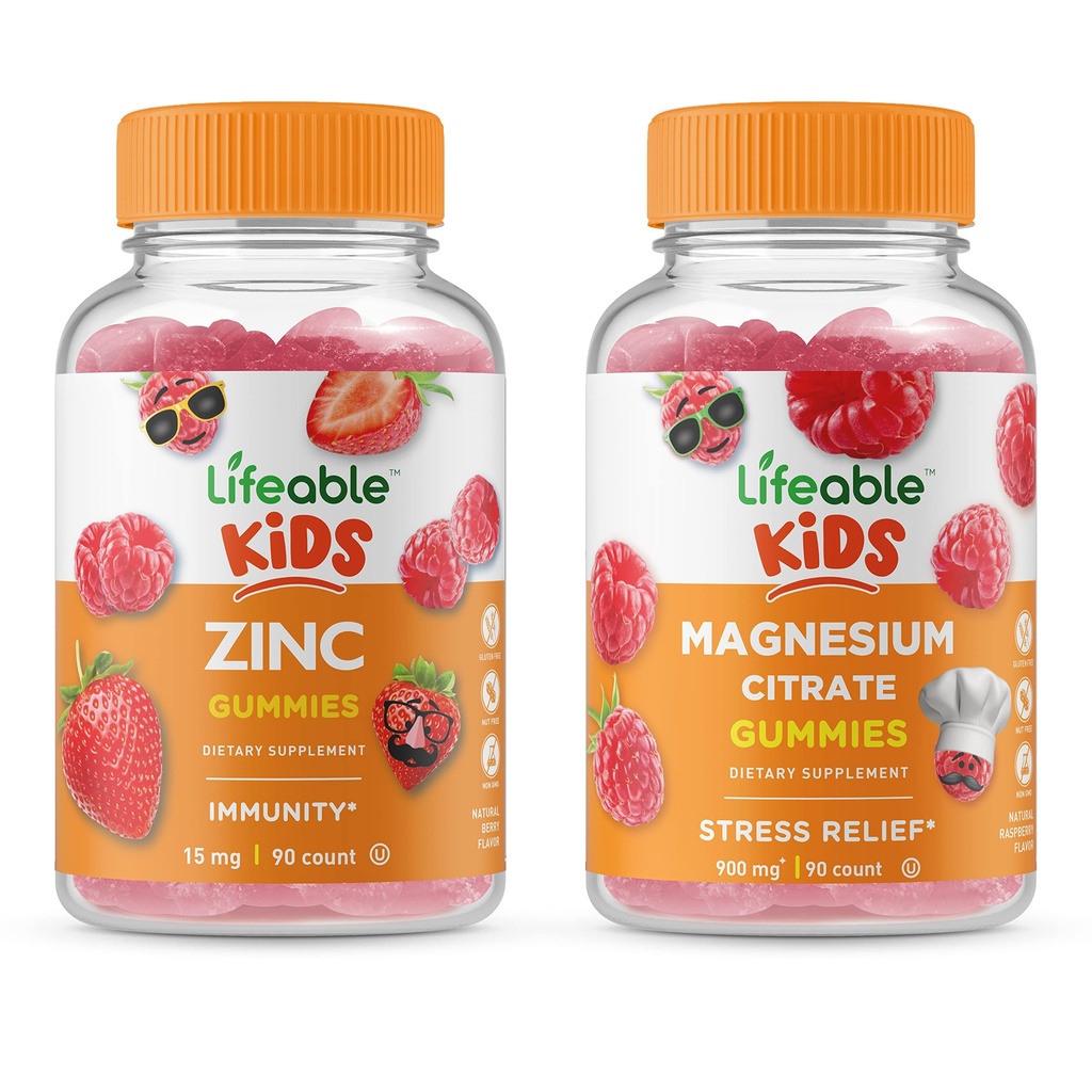 Lifeable Magnesium Kids + Zink Kids, Gummies Bundle - Great Tasting, Vitamin Supplement, Gluten Free, GMO Free, Chewable Gummy