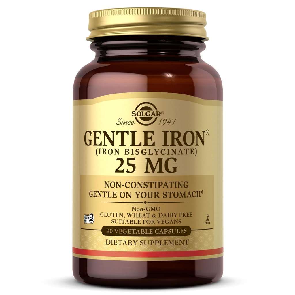 Solgar Gentle Jern 25mg, 90 Vegetabilske kapsler - Energi, Normal Red Blood Cell Production - Tunge på maven - Non-GMO, Vegan, Gluten Free, Dairy Free, Kosher - 90 Serveringer