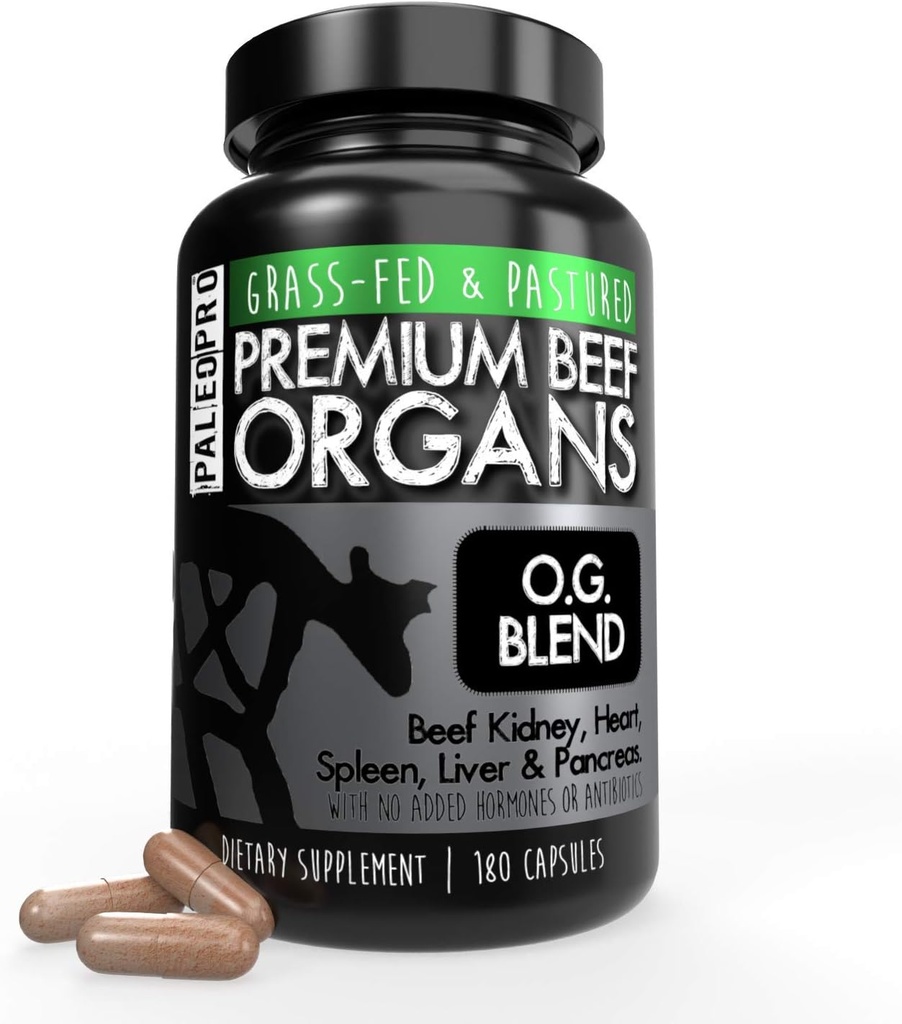 Paleo Pro O.G. Blend Premium Beef Organs Kapsler, Nyre, hjerte, lever, milt og pancreas fra Græs Fed & Pasturerede Køer, Kosttilskud, Ingen Tilsatte Hormoner eller Antibiotika, 180 Kapsler