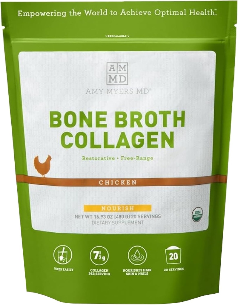 Amy Myers MD Bone Broth Collagen Powder - Økologisk kylling Bone Broth - Understøtter sund hud & negle - for Gut sundhed & fælles støtte - 20 Servere, kylling flavor