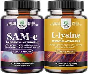 Bundle of Pure SAM E Supplement 150mg - Nootrop Samme 150mg Per Servering for hukommelse & hjerne Support og L Lysin 1000mg Gratis Form - L- Lysin Supplement for øje sundhed Lip Care Collagen Syntese