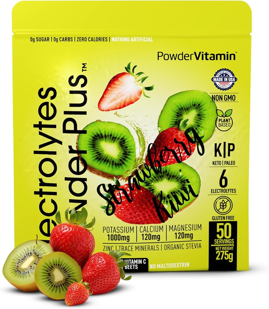 Elektrolytter Powder Plus (50 Servere), 0 Calorie Keto, 0 Sukker, Ingen Maltodextrin, 1000mg Kalium, 120mg Calcium, 120mg Magnesium, Hydrationspulver (50 Servere, Jordbær Kiwi)