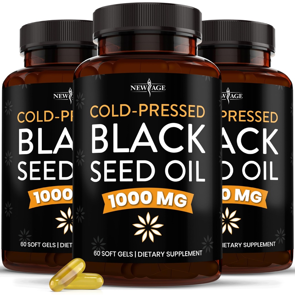 NEW AGE Black Seed Oil Softgel Capsules - Premium Cold- Pressed Nigella Sativa Producerer Pure Black Cumin Seed Oil - Non- GMO & Vegetar 90 Greve (Pack of 3)