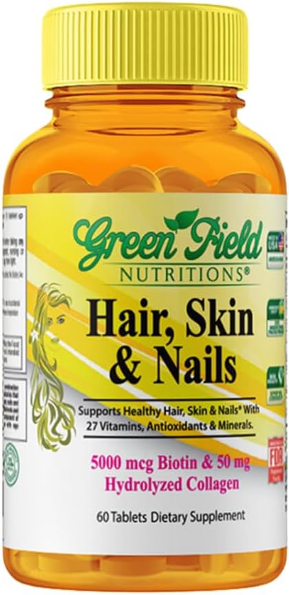 Greenfield Nutritions Halal Biotin tablet til voksne - 60 Halal Multivitamin til hår hud og negle - Høj styrke 5000mcg biotin med 50mg collagen og mineraler - Gelatine Gluten Free, Non- GMO Vitamin