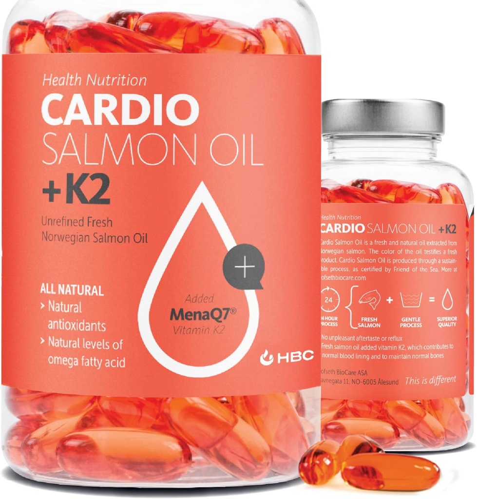 High Strength Omega 3 Fish Oil with Vitamin K2- 1000mg, Norwegian Salmon Oil, EPA & DHA, Burpless, Omega 3 Fedtsyrer Supplement for øjne, hjerne, hjerte & immunitet - 90 kapsler - Cardio