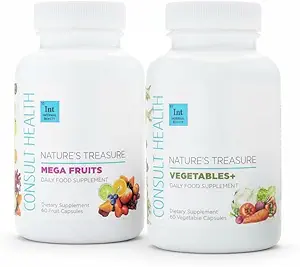 Consult Health Nature 's Treasure, 60 Mega Frugt og 60 Veggie Kapsler, 100% hel Natural Green og Red Superfood Plant baseret ernæring, Understøtter energiniveauer, dyrket og fremstillet i USA - (2Pack)
