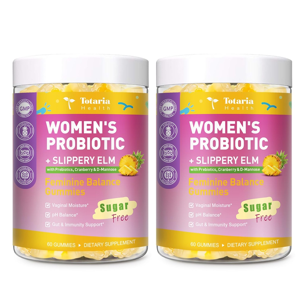 2PCS 9-in-1 Sugar Free Feminine Probiotics Gummies - pH Balance, 50 Billion CFU Vaginal Probiotic Gummies w/ Prebiotic, Slippery Elm, Cranberry, for Vaginal, Urinary Tract, Gut, Hawaiian Pineapple