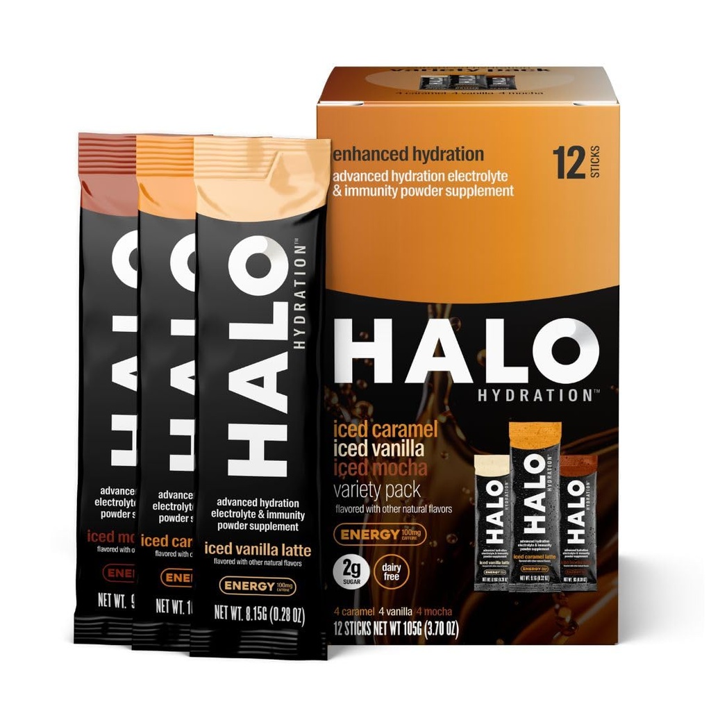 HALO Hydration - Electrolyte Energy Drink Mix 124; Hydration Powder Packets # 124; Variety Pack (Caramel, Vanilla, Mocha Lattes), Sund Skinny Coffee # 124; Easy Open Single Serving Stick # 124; 12 Sticks