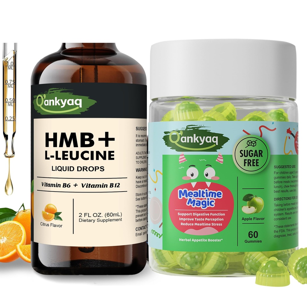 Q'ankyaq HMB L-Leucine Liquid Drops and Appetite Booster Gummies for Kids