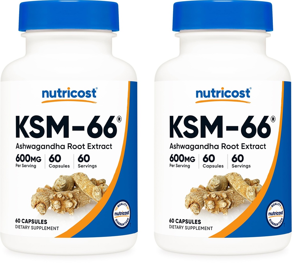 Nutricost KSM-66 Ashwagandha Root Extract 600mg, 60 Veggie Caps (2 Bottles) - 5% Withanolides - with BioPerine