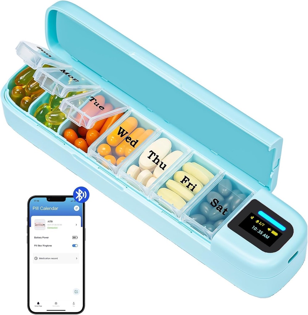 Daviky Smart Pill Organizer med Alarm, Bluetooth Daily En gang om dagen Pill Box 7 Dag med APP, Ugentlig rejse Pill Case, Bærbar Pill Reminder til medicin, Kosttilskud og vitaminer (grøn)
