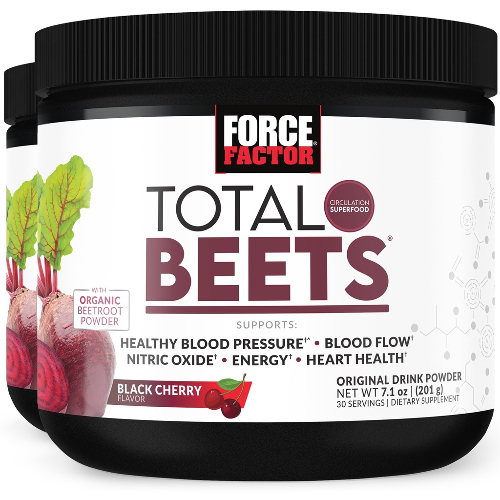 FORCE FACTOR Total Beets Superfood Beet Root Powder 2- Pack, Nitrater til Support Circulation, Blood Flow, Nitroc Oxide, Energy, Endurance, Stamina, Cardiovaskulær Heart Health Supplement, 60 Serveringer