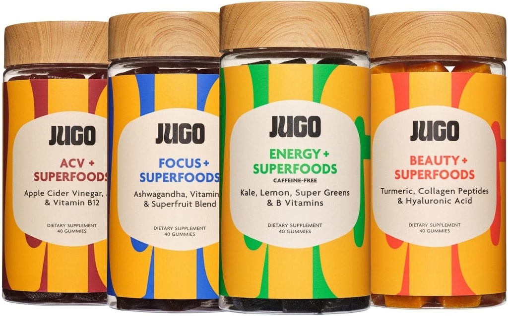 JUGO Superfoods Gumies Variety Pack - Fokus, Energi, Skønhed & ACV Gummies - Plante-baseret, 100% Vegetar, Gluten- Free - Understøtter sind, krop og fordøjelsessygdomme
