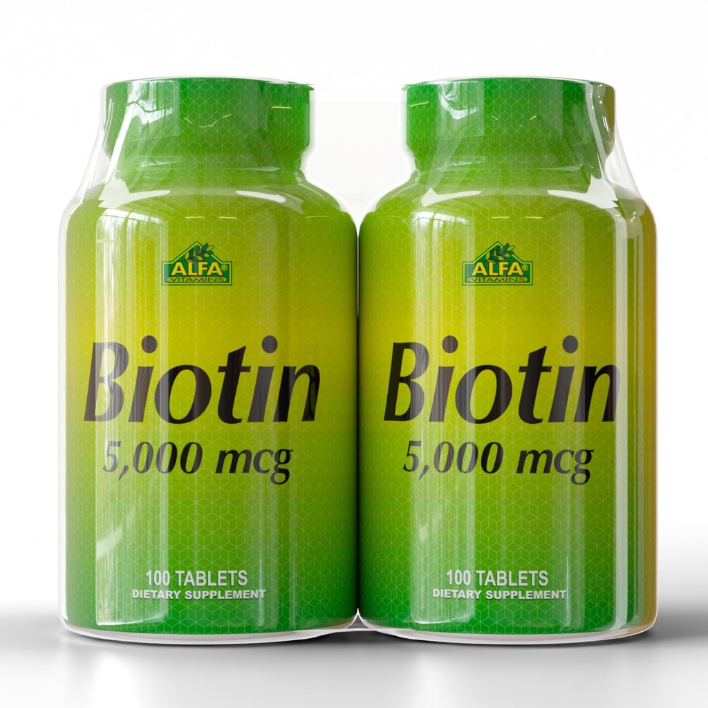 ALFA VITAMINS Biotin 5000 mcg High Potency Vitamin B7 Supplement for Daily Use – 100 Tablets 2 Pack