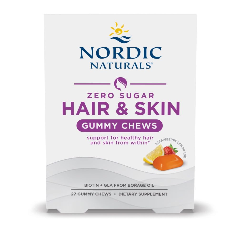 Nordic Naturals Zero Sugar Hair & Skin Gummy Chews, Strawberry Lemonade - 27 Gummy Chews - Biotin + GLA fra Borage Oil - fremmer sund balance af fedt i huden - ikke-GMO - 27 Servering