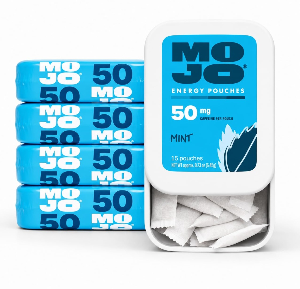 MOJO Energy 50mg Caffeine Pouches, Mint, 15 Pouches, 5-Pack