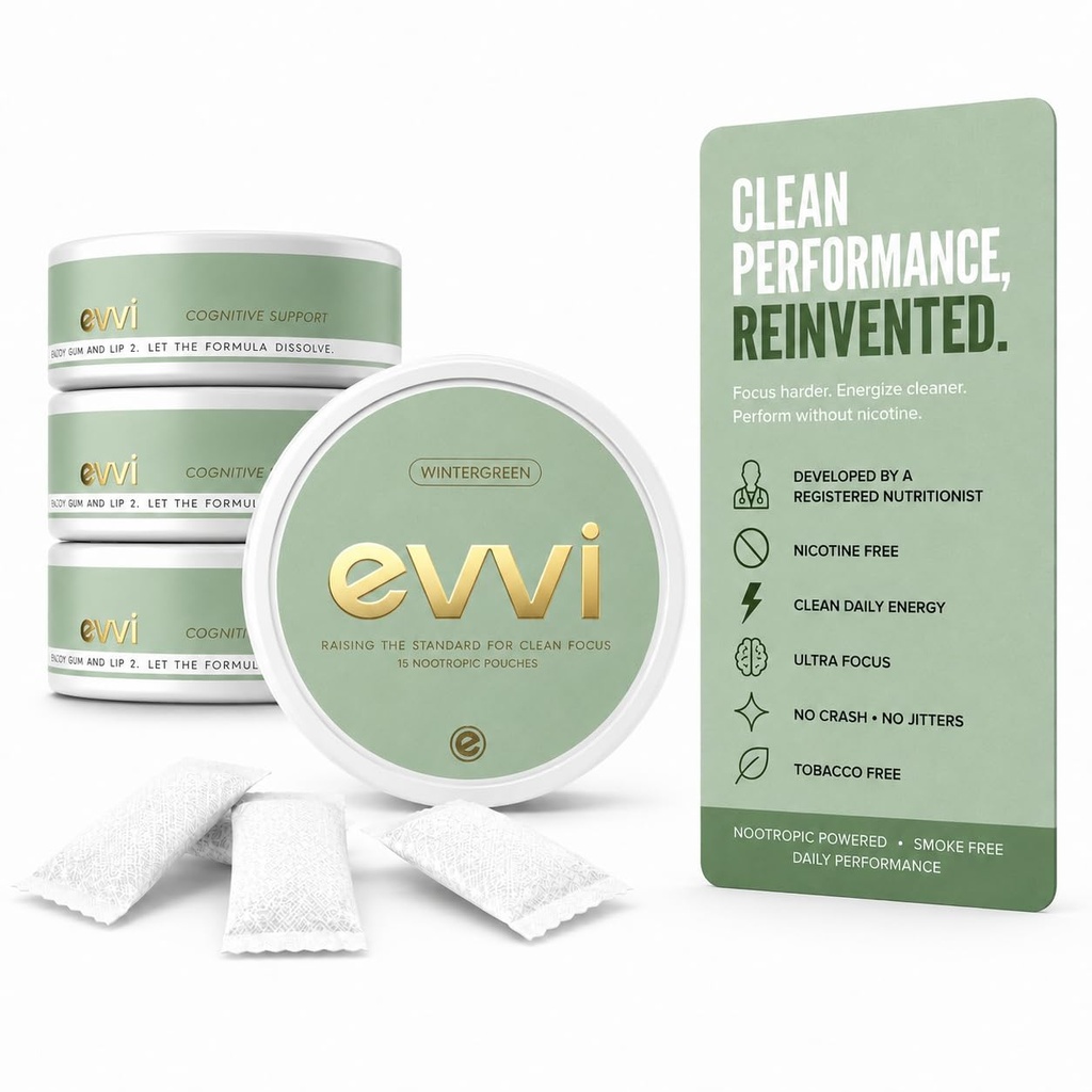 evvi Nicotine-Free Focus Pouches – Clean Energy, Ultra Focus – Tobacco-Free Oral Nootropic Pouches – 15 Pouches per Can (Wintergreen, 4 Pack)