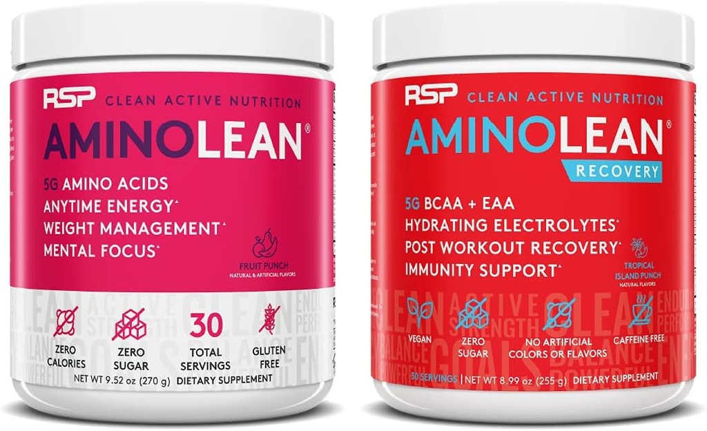 RSP NUTRITION AminoLean Pre Workout Energy (Fruit Punch 30 Servering) med AminoLean Inddrivelse Post Workout Boost (Tropical Island Punch 30 Servering)