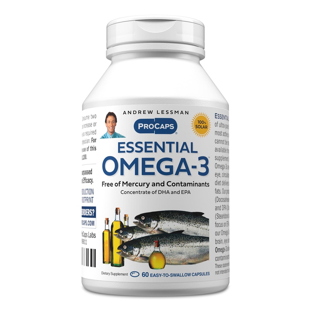 ANDREW LSSMAN Essential Omega-3 Unflavored - 60 Softels - Ultra-Pure, High Potence Omega-3 Olies. Høj DHA, ingen stomach, ingen kontaminanter, ingen kviksølv. Lille let at synke bløddele