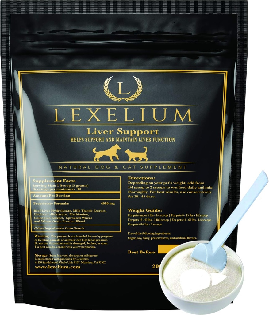 Leverstøtte supplement til hunde og katte - Great for afgiftning og hjælper Nyre, Lever og hud funktion - Kat Leverstøtte - Milk Thistle + Lysin + Cholin Bitartrate + Methionin - 200g