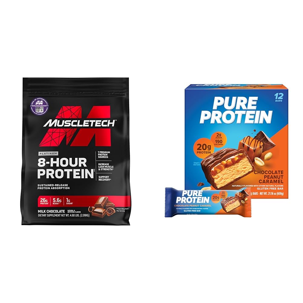 Muscletech Whey Protein Powder Bundle Phase8 4.6lb Chocolate Protein Powder + Pure Protein Chocolate Peanut Caramel Protein Bars 12 Count