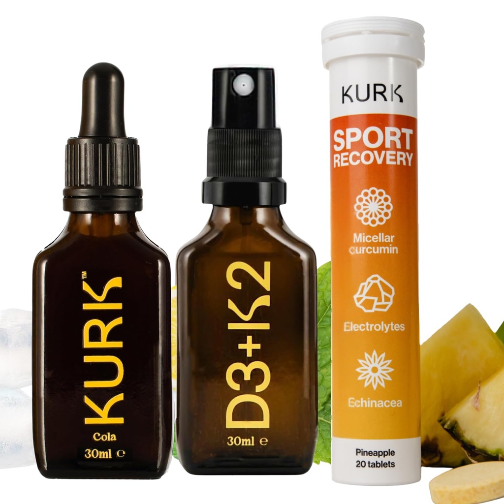 High Strength Liquid Curcumin Oil from Turmeric (Cola 1 Fl Oz), Sport Electrolyte Tablets (Pineapple 20 Tabs), and Vitamin D3 K2 Oral Spray Bundle