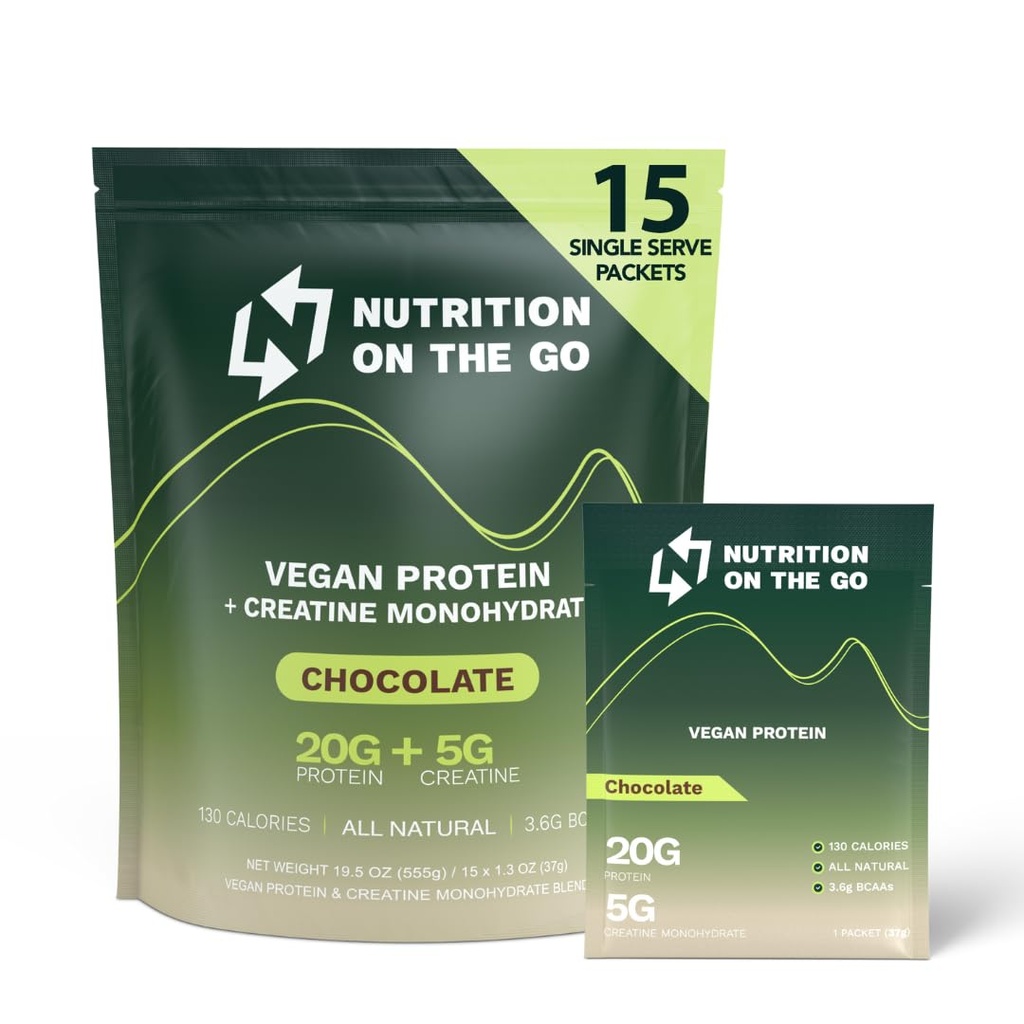 Nutrition On The Go Vegan Protein Powder Packets with Creatine – 20g Plant Proteins + 5g Creatine – Single-Serve Travel Protein Powder – All-Natural, Gluten-Free – Chocolate – (15-Pack)