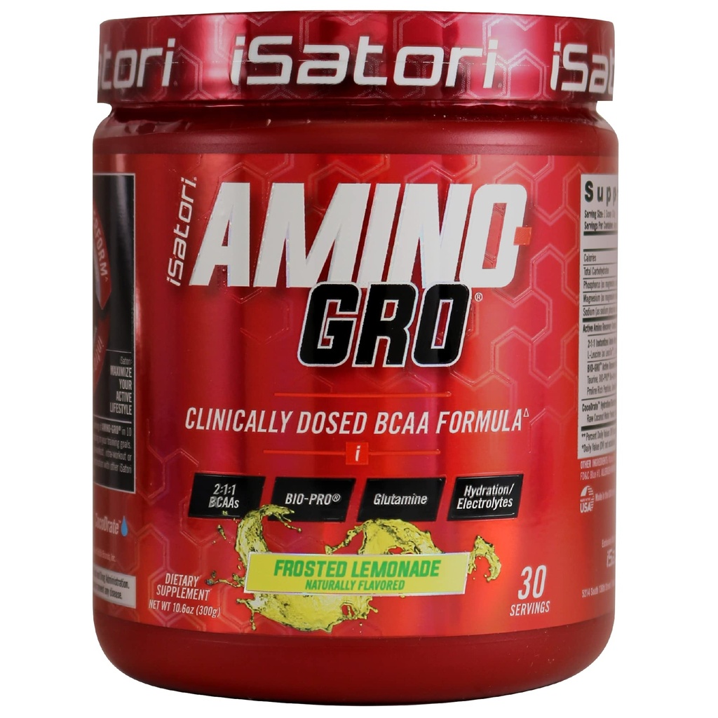 iSatori Amino-GRO BCAA pulver, forgrenet kæde Aminosyrer med glutamin, Electrolyte Powder & Bio- GRO Bio- Aktive Peptider til Muscle Growth & Post Workout Inddrivelse, Frosted Lemonade (30 Servere)