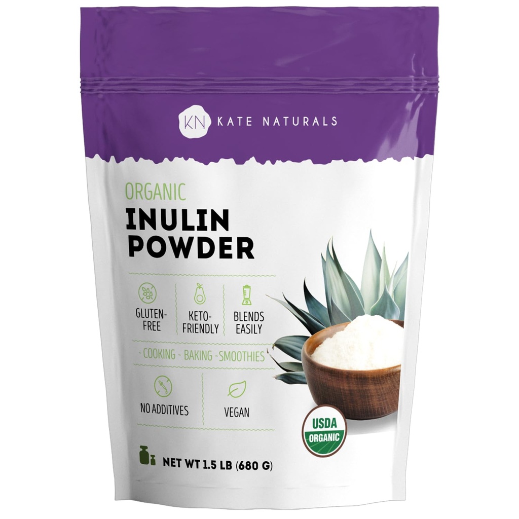 Kate Naturals Inulin Powder Organic from Blue Agave (1.5lb) Soluble Prebiotic Fiber for Coffee, Yogurt & Smoothies