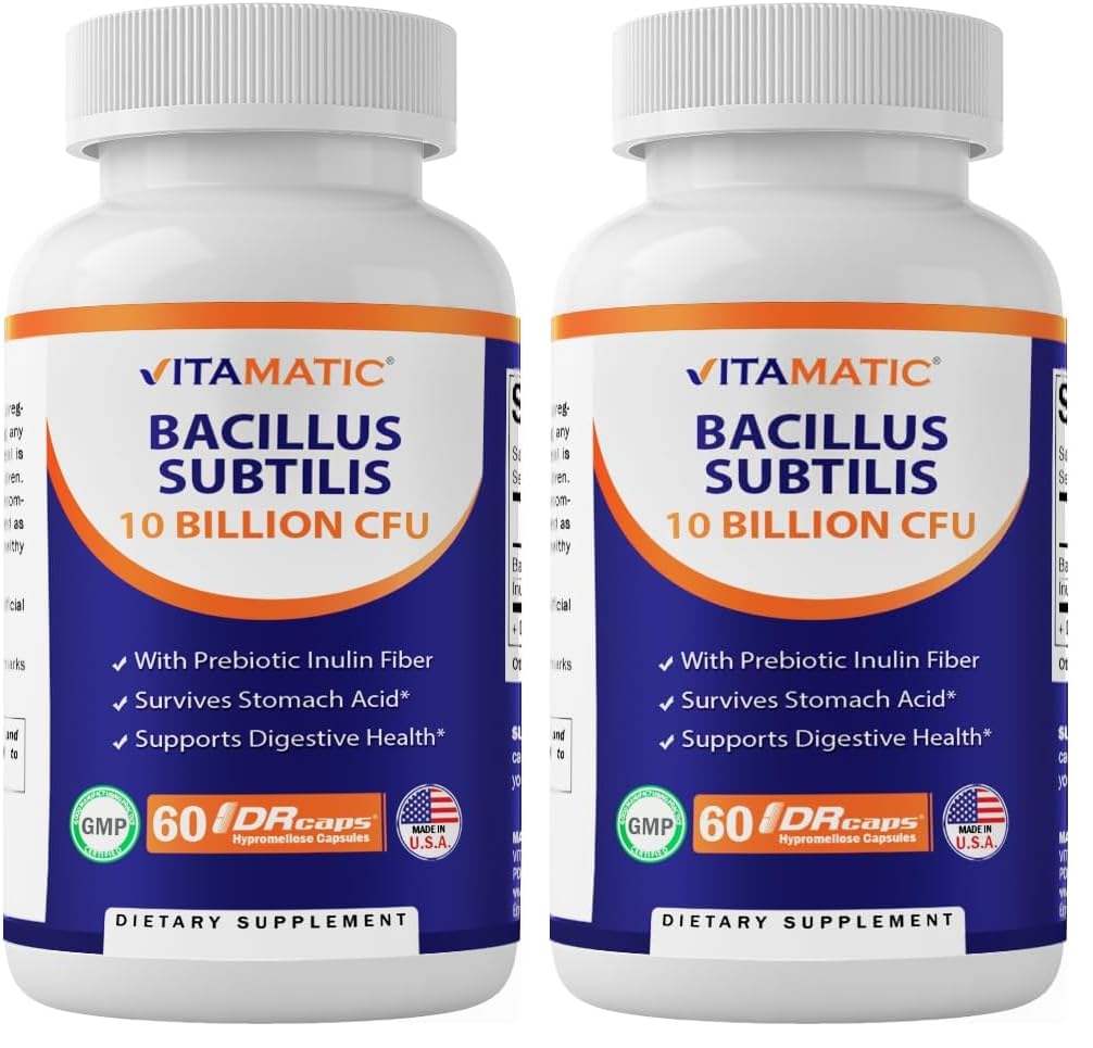 Vitamatic Bacillus Subtilis 10 Billion per DR Capsule - 60 Count - Made with Prebiotic Inulin Fiber (Pack of 2)