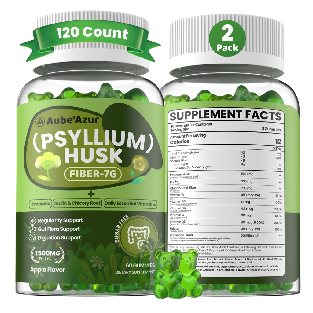 Psyllium Husk + Fiber Gummies for Women Adults, Organic Psyllium Husk Fiber Supplement with Inulin Prebiotic Fiber, Multivitamins for Digestive Health & Regularity Support, Sugar Free, 120 Gummies