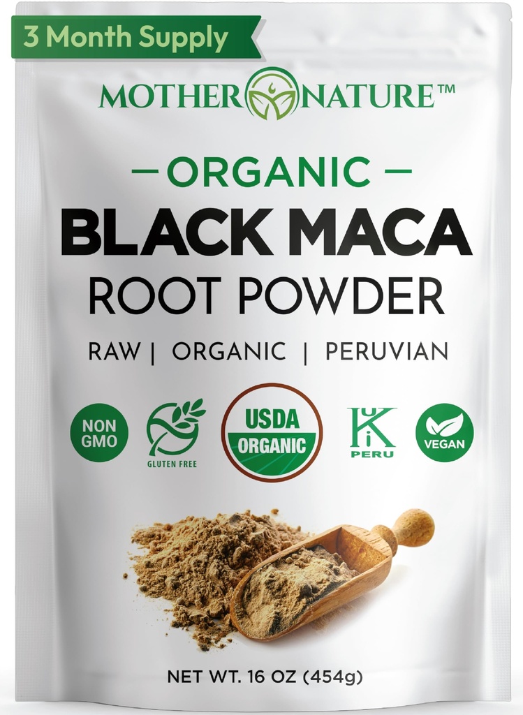 Organic, Raw Peruvian Black Maca Root Powder - Premium USDA Certified, Ideel til mænd og kvinder, Boost workouts, Enhance Muscle Recovery, Non- GMO, Vegan Superfood, 16 oz
