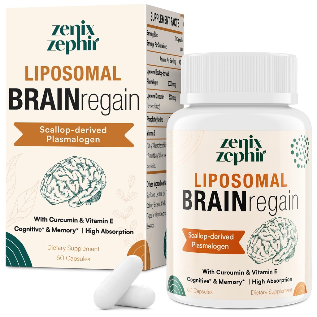 Liposomal Brain Kosttilskud til hukommelse og fokus - Plasmalogen med Curcumin & E-vitamin for bedre Absorption- Egnet til seniorer, voksne mænd & kvinder Kognitiv sundhed, høj potens 60 Tjenester