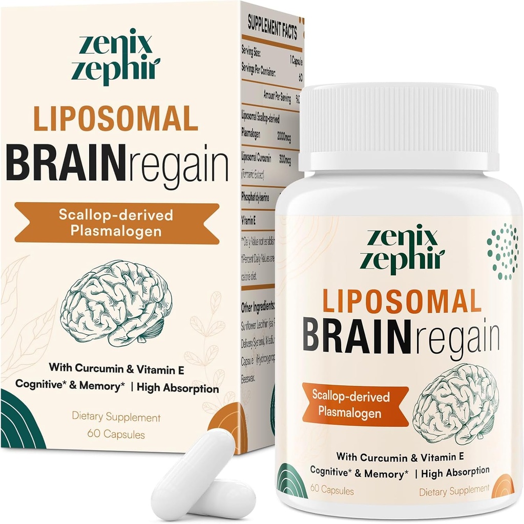 Liposomal Brain Supplements for Memory and Focus - Plasmalogen with Curcumin & Vitamin E for Better Absorption- Suitable for Seniors,Adult Men & Women Cognitive Health,High Potency 60 Servings