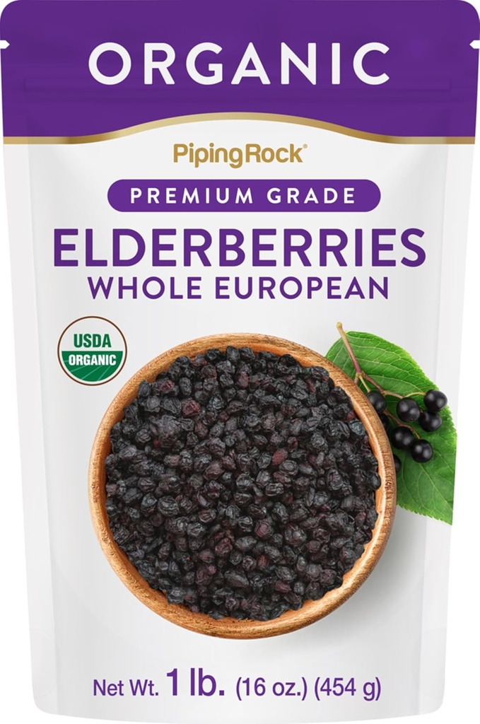 Piping Rock Elderberries Tørrede økologiske Mezzogiorno 124; 1LB Bulk Supplement 124; Europæiske hele bær Mezzogiorno 124; Vegetarisk, Non- GMO, Gluten Free