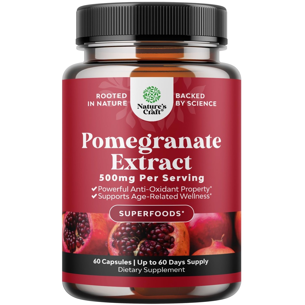 Granatæbler Uddrag Kapsler Antioxidant Supplement - Naturlige Granatkapsler til Hjertesundhed Fælles Support og Pre Workout for Mænd og Kvinder - Nitrooxid Supplement med Hjerne Sundhed Vitaminer