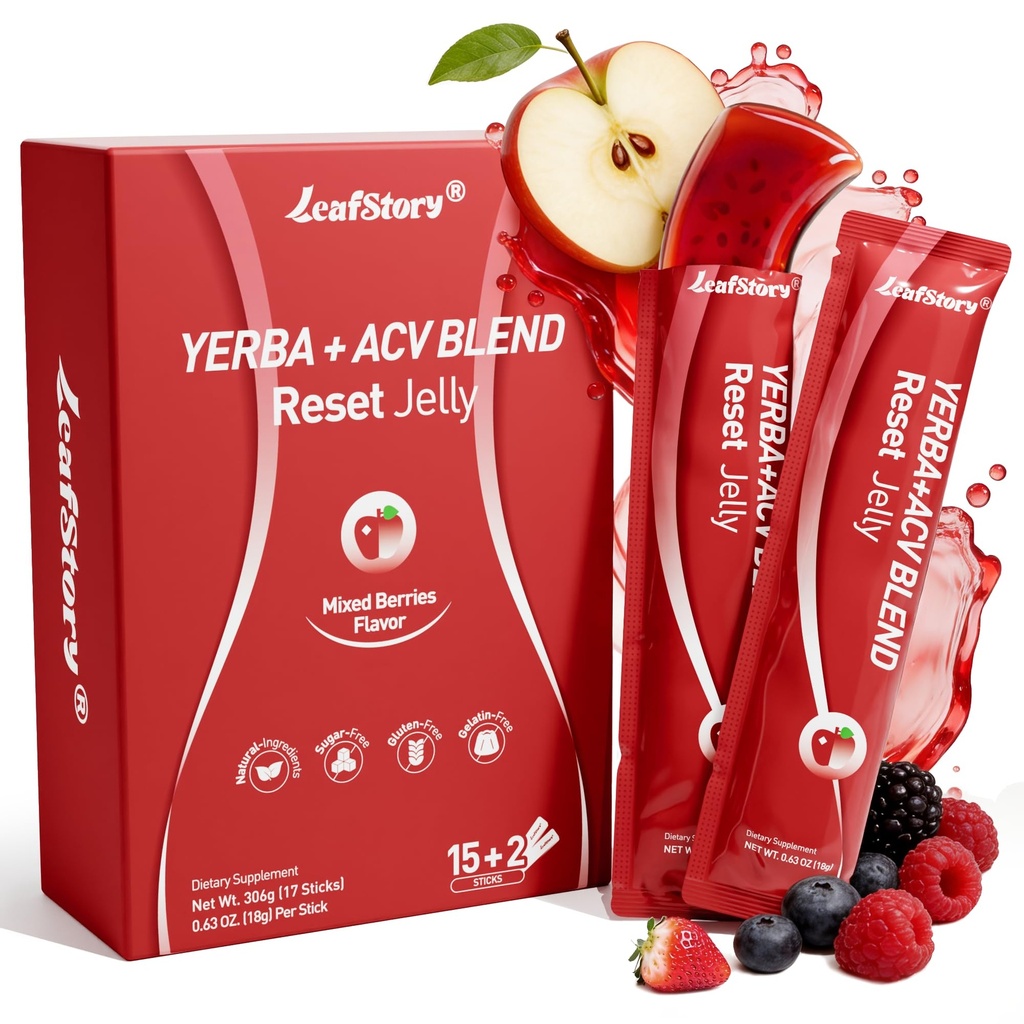 Yerba Mate & ACV Reset Jelly-Mixed Berry Flavor, Support Gut Cleansing, Detox, and Metabolism, with Chia Seeds & Yerba Mate -17 Sticks