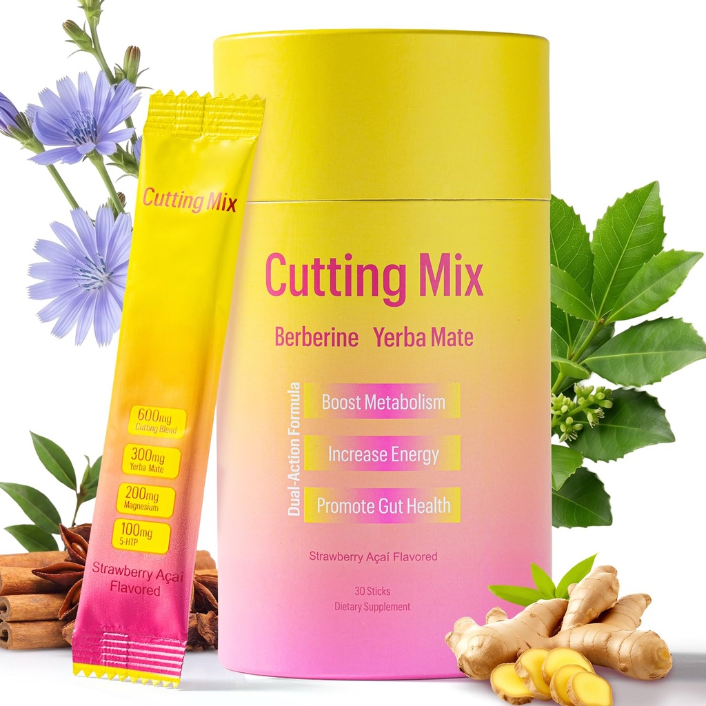 Cutting Drink Mix -Berberine, FOS, Chromium, Yerba Mate & 5-HTP | Satiety & Gut Health - Strawberry Açaí Flavor - 30 Sticks