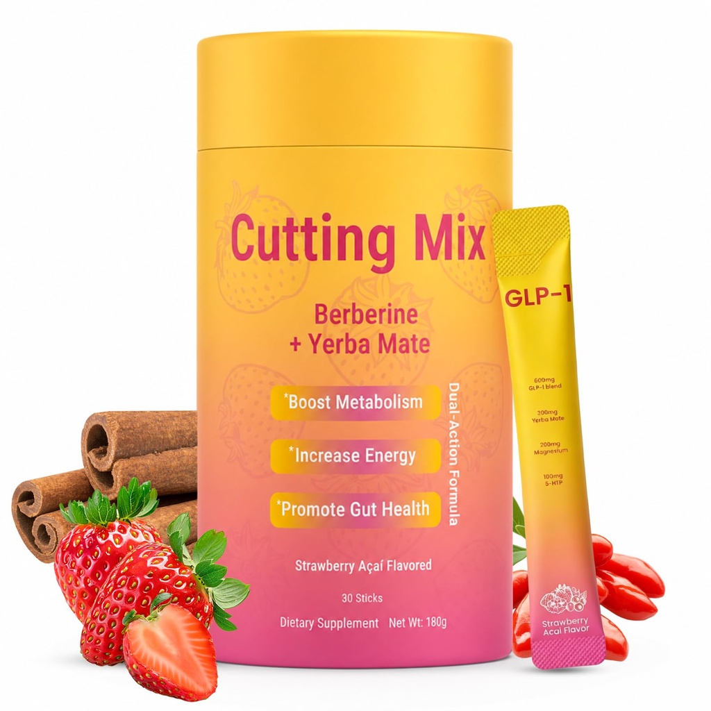 Cutting Mix Drink Powder, Supports Satiety, Energy & Gut Health | Great-Tasting Blend with Berberine, Chromium, Yerba Mate & Magnesium, Strawberry Açaí Flavor – 30 Sticks