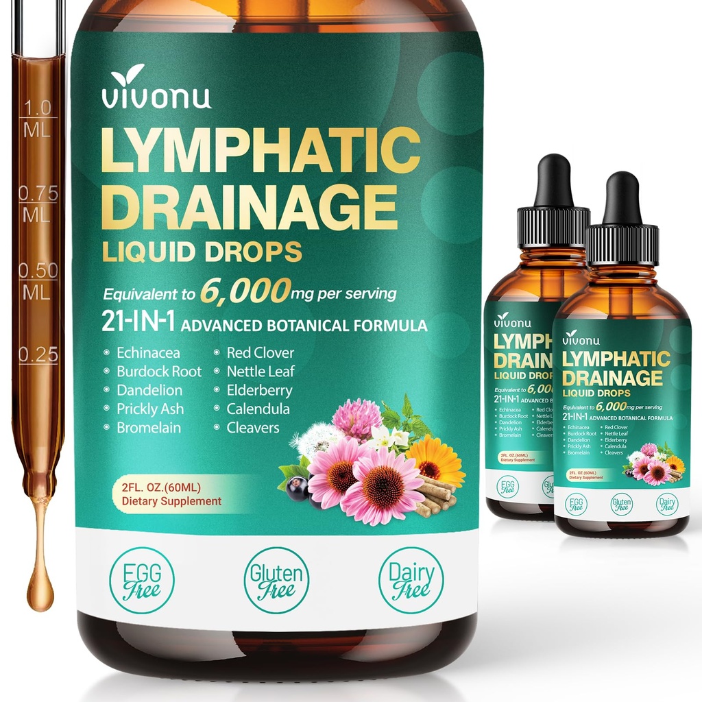 21-in-1 Lymphatic Drainage Drops for Liposomal, Immune & Lymph System Support Supplement for Women & Men with Echinacea, Dandelion, Burdock, Bromelain, Calendula, Turmeric & More, 2 Pack