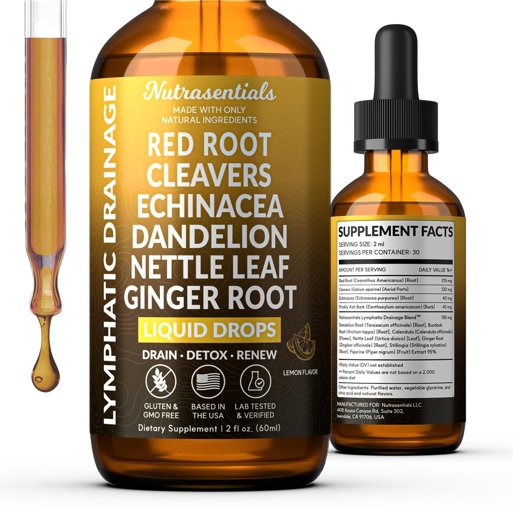 Lymphatic Drainage Liquid Drops 10 in 1 with Red Root, Echinacea, Burdock, Cleavers, Ginger, Nettle Leaf, Dandelion & More | Vegan, Non-GMO - 2 Fl Oz