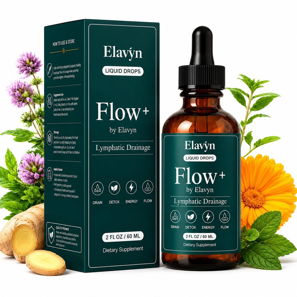 Flow+ by Elavyn Lymphatic Drainage, 6-in-1 Plant-Based Botanical Blend, New Maximum Potency Formula Flow+ Lymphatic Drainage With Echinacea, Calendula, Burdock Root, For Everyday Balance (1pcs)