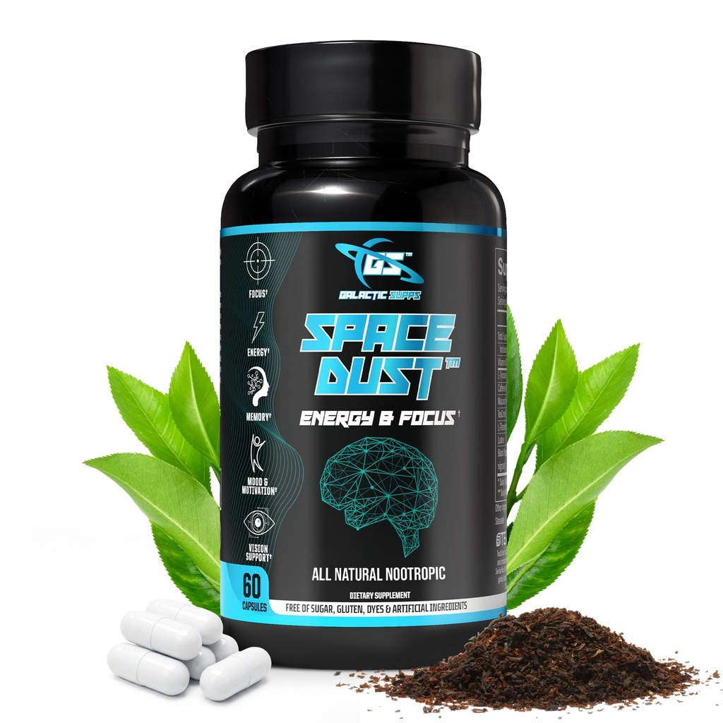 8-in-1 Premium Nootrop Brain Supplement - Focus, Energy & Mood Support - Brain Fog Relief & Reaction Time - med TeaCrine, L-Theanine, L-Tyrosin, Mucuna & flere naturlige ingredienser - Space Dust