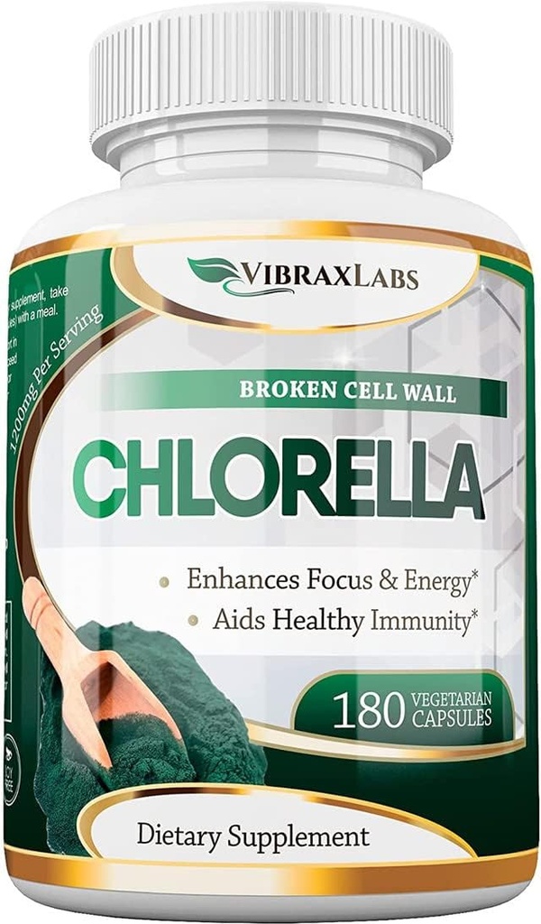 VibraxLabs Chlorella Capsules - Broken Cell Wall 600 mg Veggie Pills (1200 mg Serving) - Protein Powder supplement til naturlig afgiftning, Bedste med Spirulina, Ingen eftersmag, Made in USA