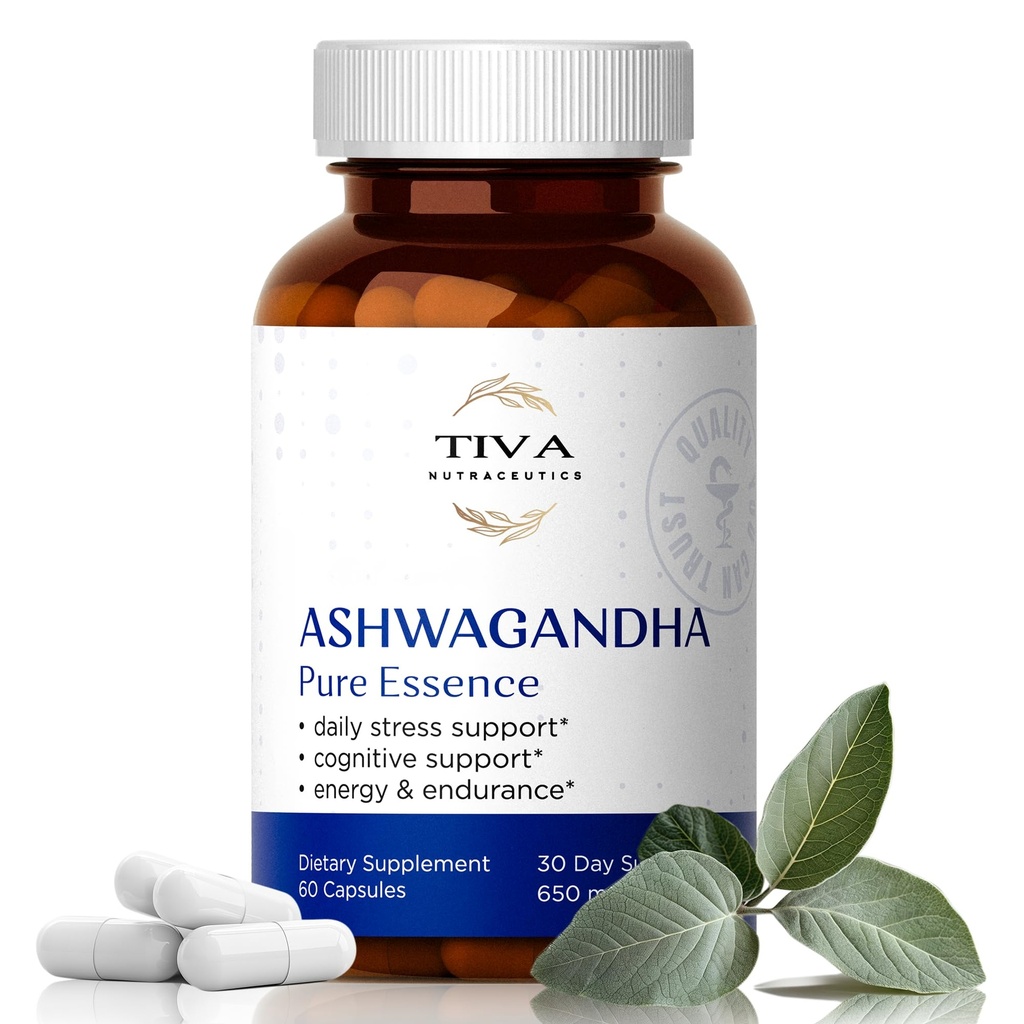 TIVA Ashwagandha Capsules 650mg with Black Pepper Extract - Natural Support for Stress, Metabolisme, Immunfunktion & Mood - Vegan, Non- GMO, Lab- Testet - 60 Urtekapsler